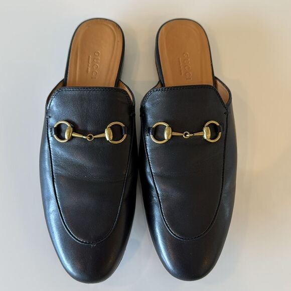 Gucci Princetown Horsebit Leather Slip On Mules Black Flat Shoes Size EU 39 US 9 - Picture 1 of 11